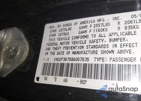 2008 Honda Accord 3.5 Ex from USA, damaged, VIN 1HGCP36758A067635